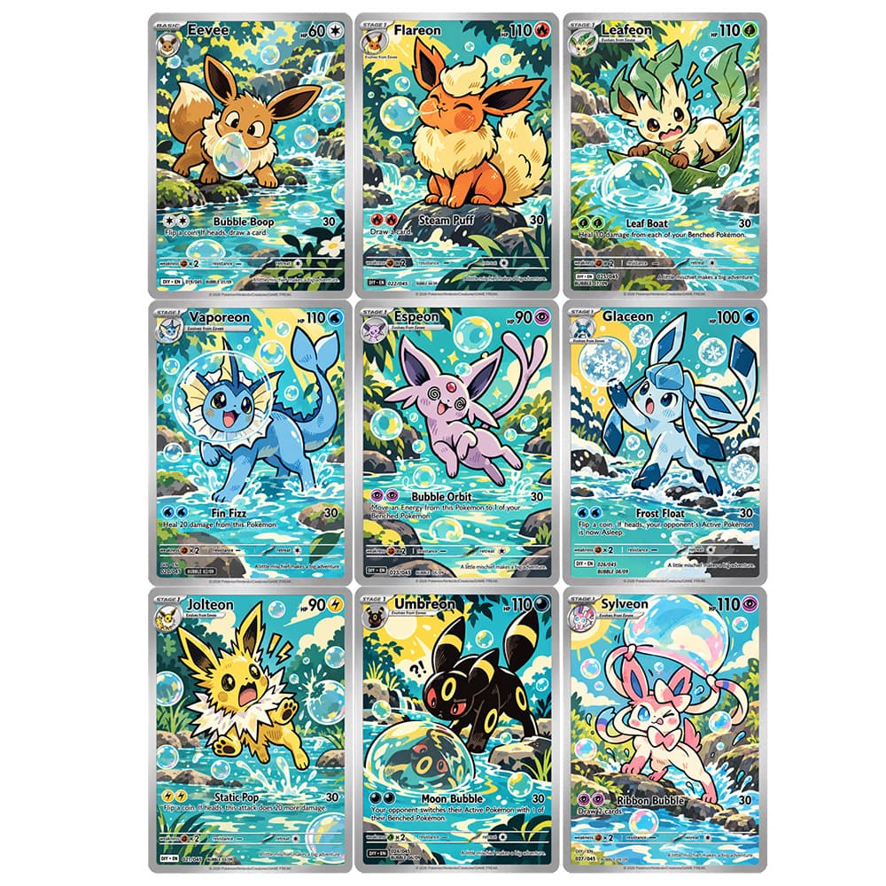 Japanese Fan - 9枚入りセット。DIYコレクションカード。英語版「ポケモンバブル」シリーズ。ヴァポレオン、フレアオン、アンブレオン、エスプーン、リーフィオン、グレイスオン。ファンアートゲームカード。