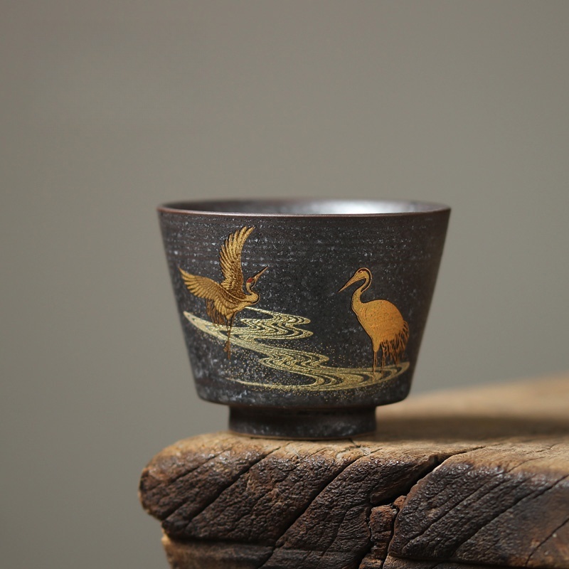 Japanese Pottery - 100 ミリリットル日本鶴ティーカップ手作り石器窯焼きレトロティーカップパーソナルマスターカップカップティーカップ茶