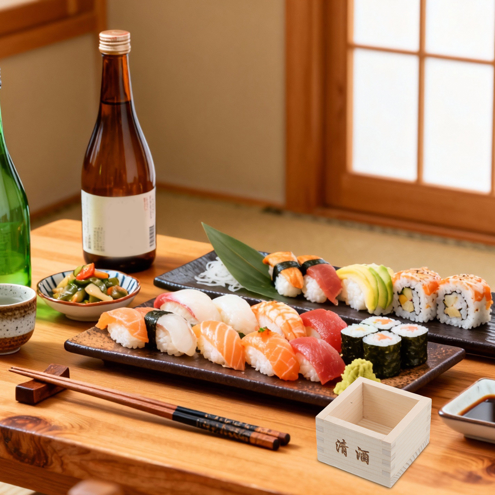 Japanese Restaurant Lifestyle - 木製の日本酒箱2個セット。伝統的な日本の正方形の酒杯で、寿司レストランや家庭でのパーティー、食卓での使用に最適。グリーンなライフスタイルに。