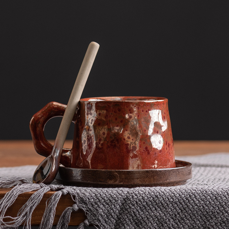 Japanese Pottery - 粗陶窯変とソーサーセット手作り日本レトロアートセラミックコーヒーポアオーバーカップ