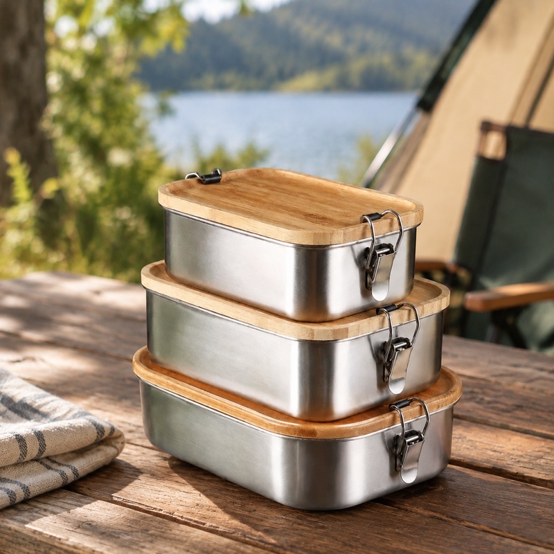竹製の蓋が付いた、日本の伝統的な弁当箱。304ステンレス製で - Bento Box のレビューと価格