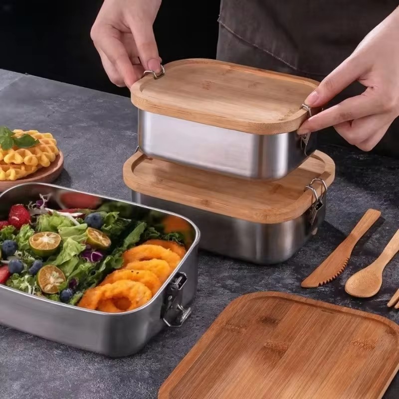 竹製の蓋が付いた、日本の伝統的な弁当箱。304ステンレス製で - Bento Box のレビューと価格